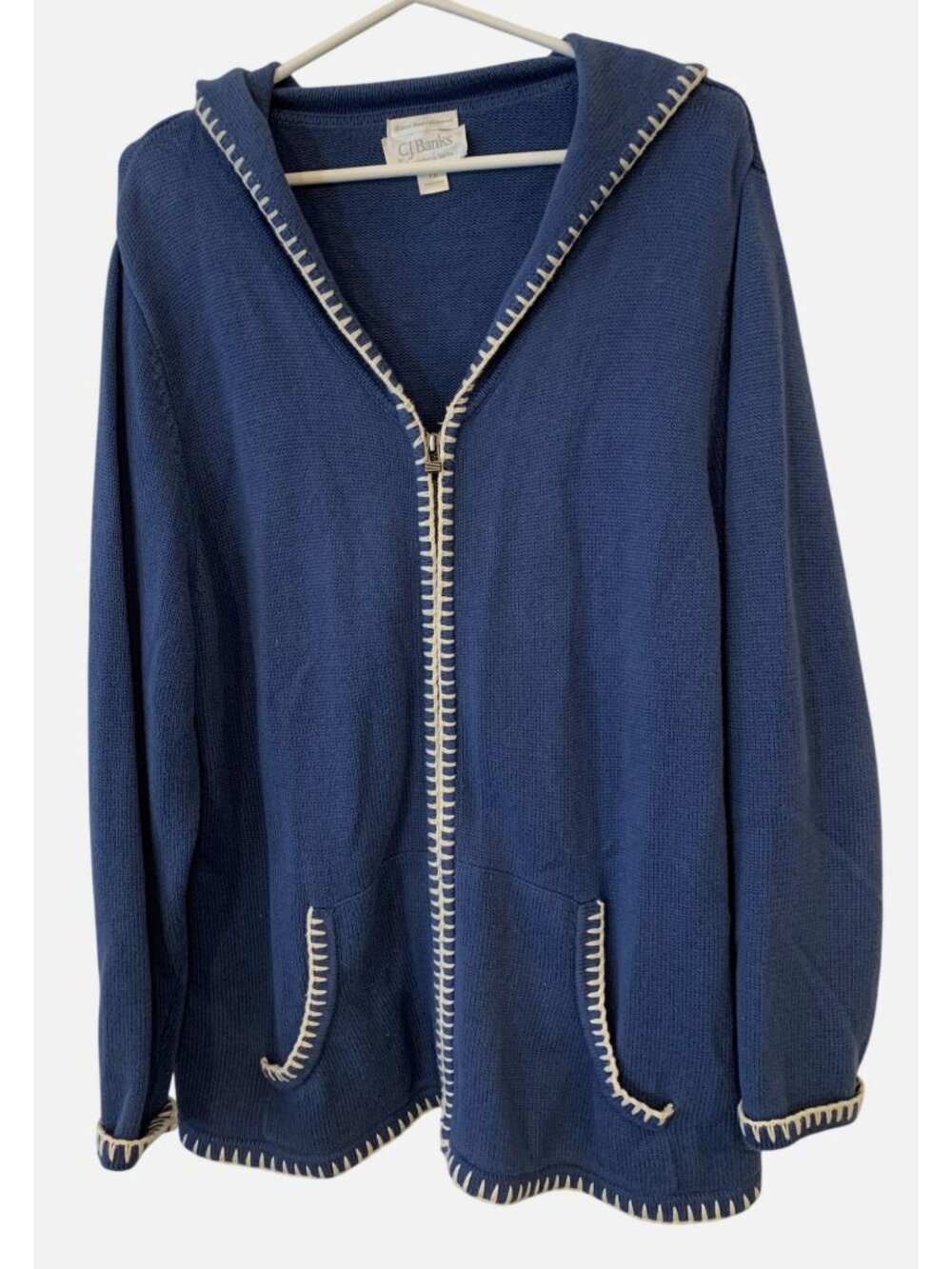 CJ Banks 1X Cotton Zip Cardigan Sweater Blue Blanket Stitch Coastal Cozy